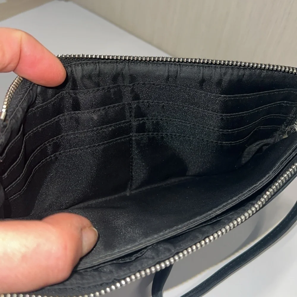 Coach Large Gray Black Pebbled Leather Wristlet Clutch Bag